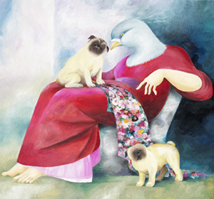 Taubenfrau mit zwei Möpsen, Öl auf Leinwand 60x70 CM