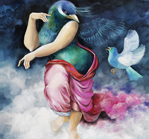 Vogelfrau mit kleinem Vogel, Öl auf Leinwand 60x70 CM
