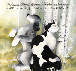 Katze und Hund, Öl auf Leinwand 60x70 CM